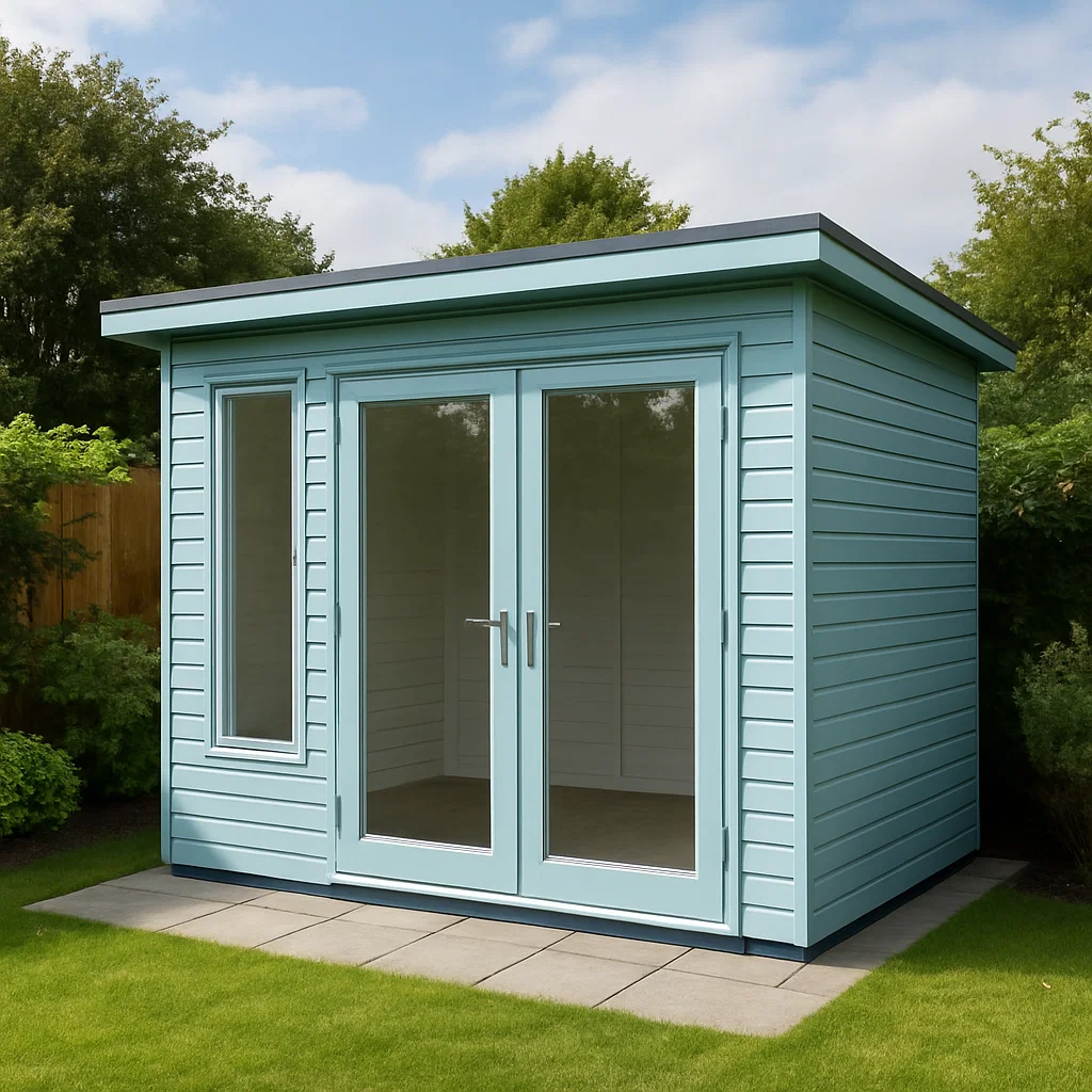 Caseta de jardín. cabina exterior azul celeste de madera sintética para jardín o patio. 220x180x210 cm