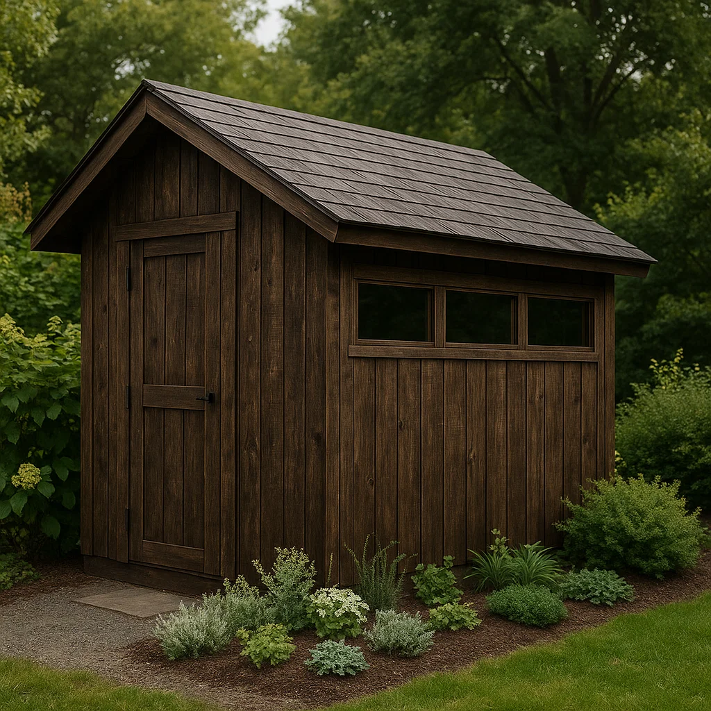 Caseta de jardín cobertizo marrón oscuro de madera para exteriores. 170x130x210 cm