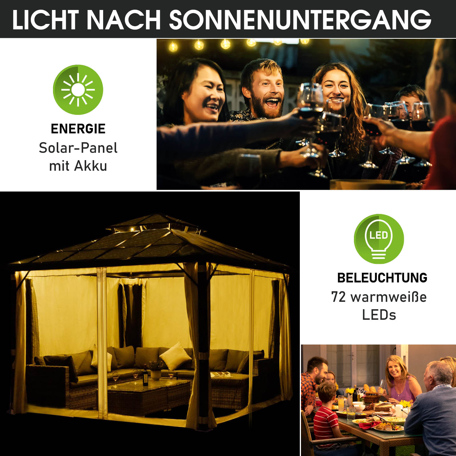 BRAST Alu Pavillon PAGODE 4x4m beige mit Moskitonetz & LED-Beleuchtung