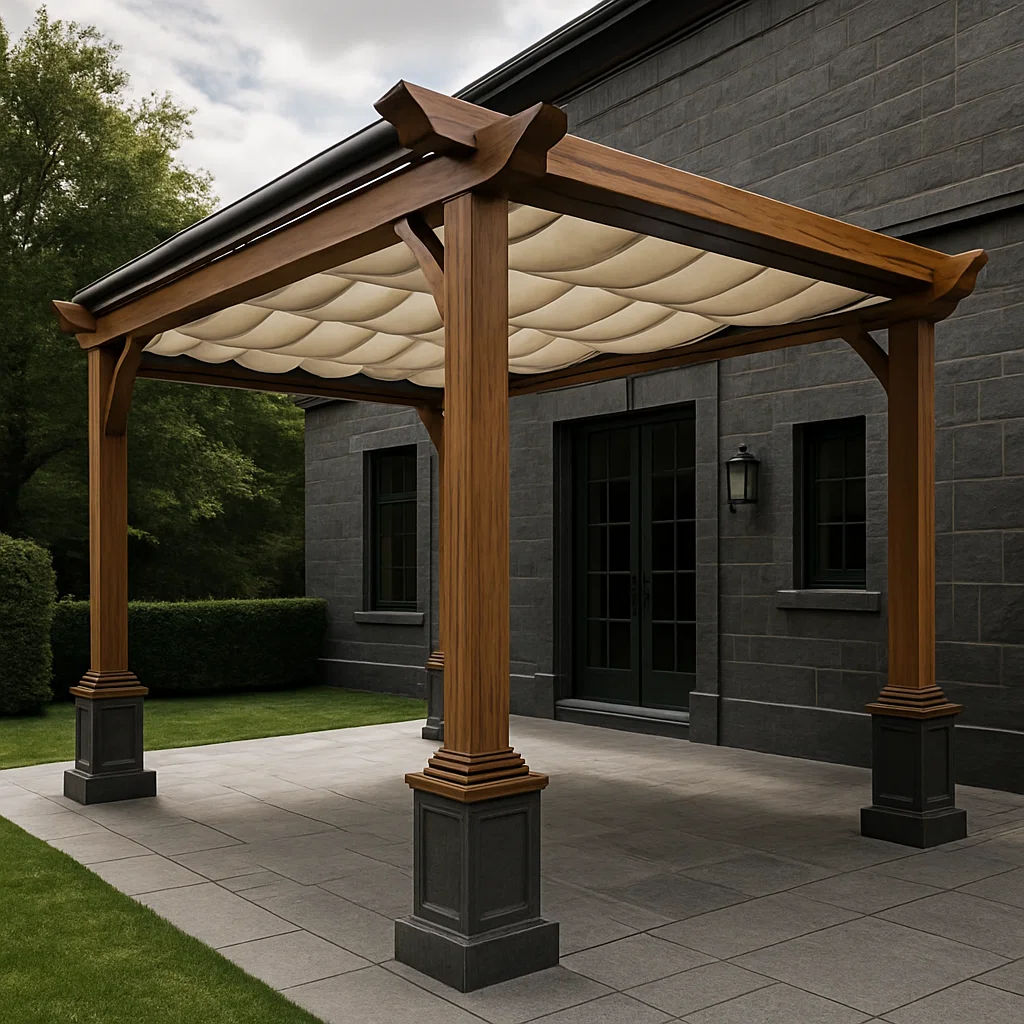 Pérgola de madera para jardín con techo de tela - Color madera - para exterior - 400 cm largo x 250 cm alto x 300 cm profundo