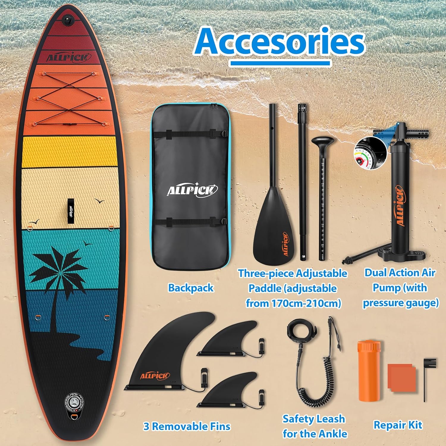ALLPICK Premium SUP Board Set, Stand Up Paddling Board Aufblasbar, Mit Universal Kamerahalterung, Komplettes Zubehör, Verstellbares Paddel, Anfänger, Fortgeschrittene, 180kg