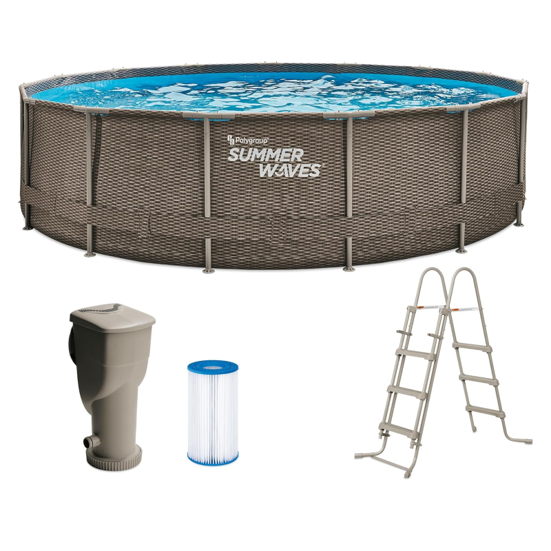 Summer Waves Frame Pool Complete Set. Round. 457 x 106 cm. Brown. Above Ground Pool Set. Garden Pool and Swimming Pool with Filter Pump
