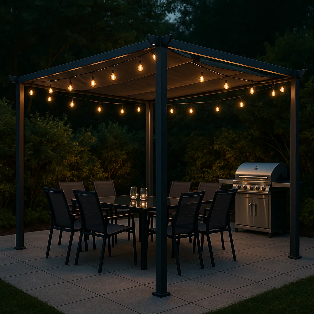 Pérgola para jardín color gris oscuro de material aluminio adecuado para terrazas y jardines. 400x250x300 cm