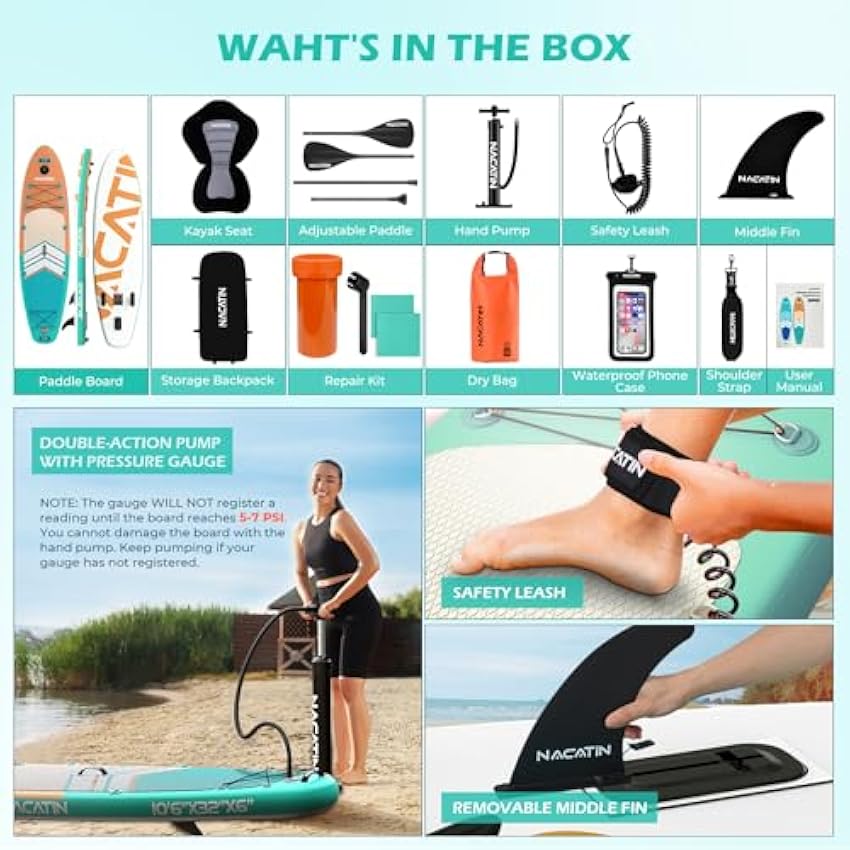 NACATIN Inflatable Stand Up Paddle Board with Kayak Seat,10'6