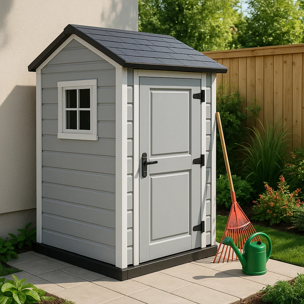 Caseta de jardín armario compacto gris claro resina para exteriores 140x85x190 cm