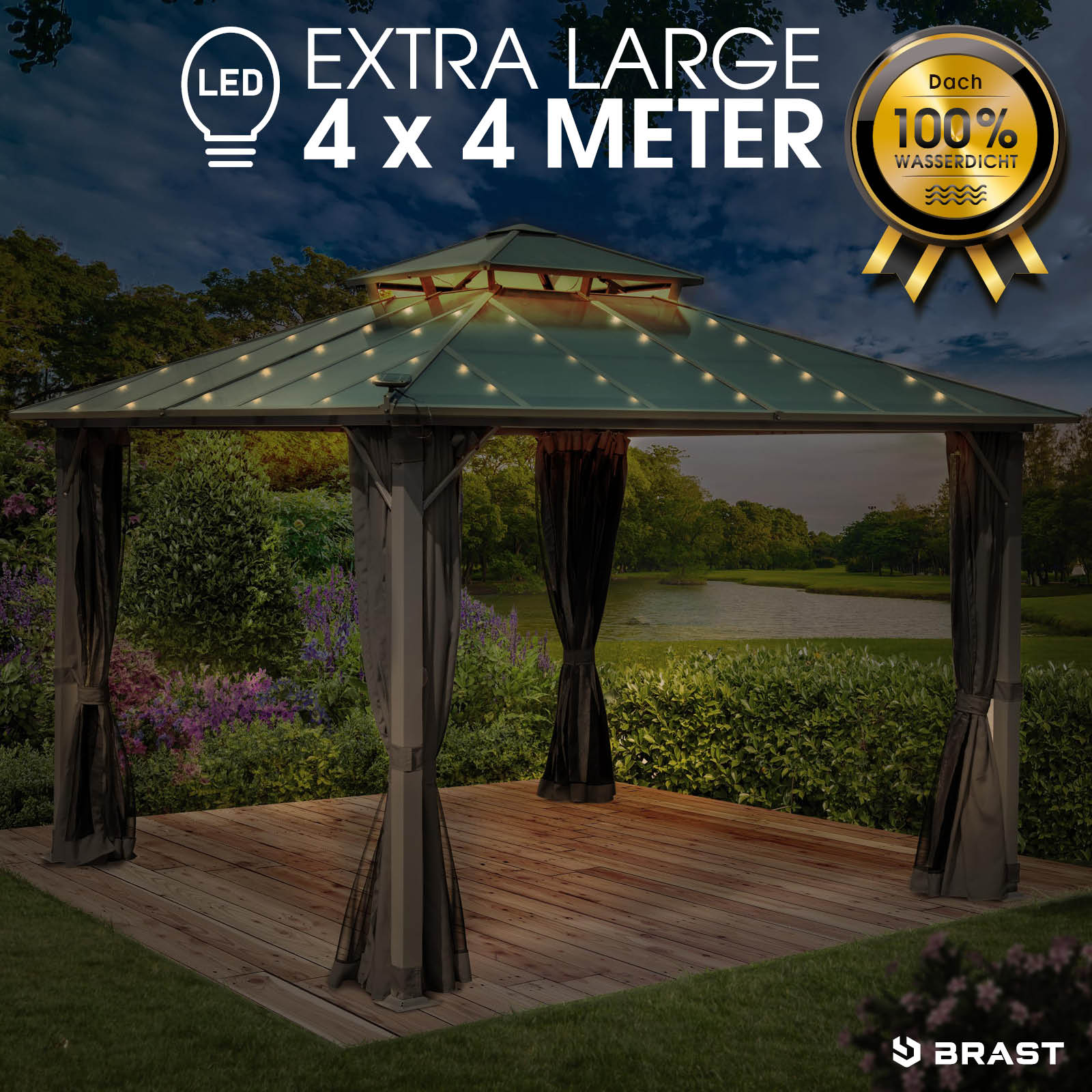 BRAST Alu Pavillon PAGODE 4x4m beige mit Moskitonetz & LED-Beleuchtung