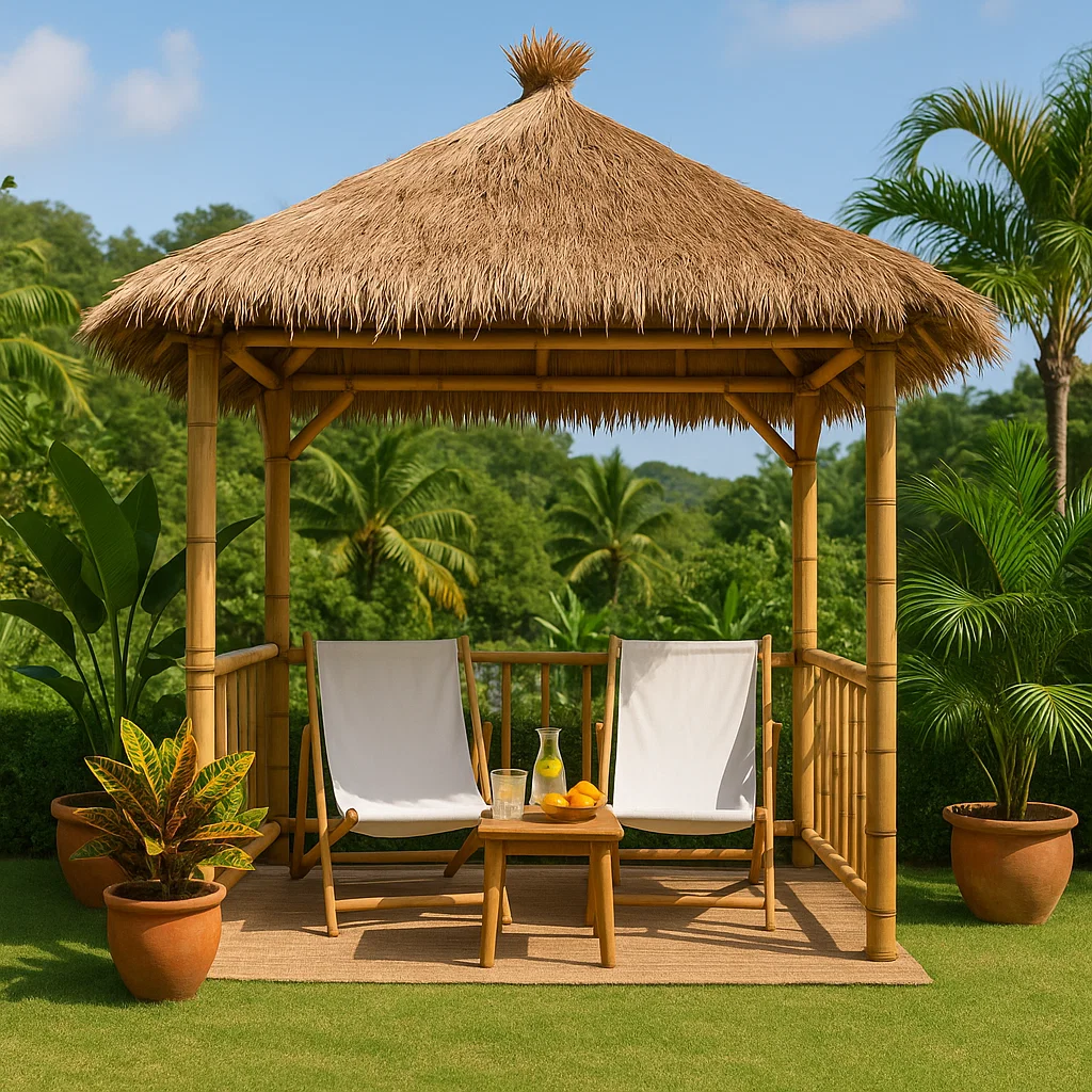 Pérgola de jardín de bambú con techo de palma natural para exteriores. 300x300x250 cm