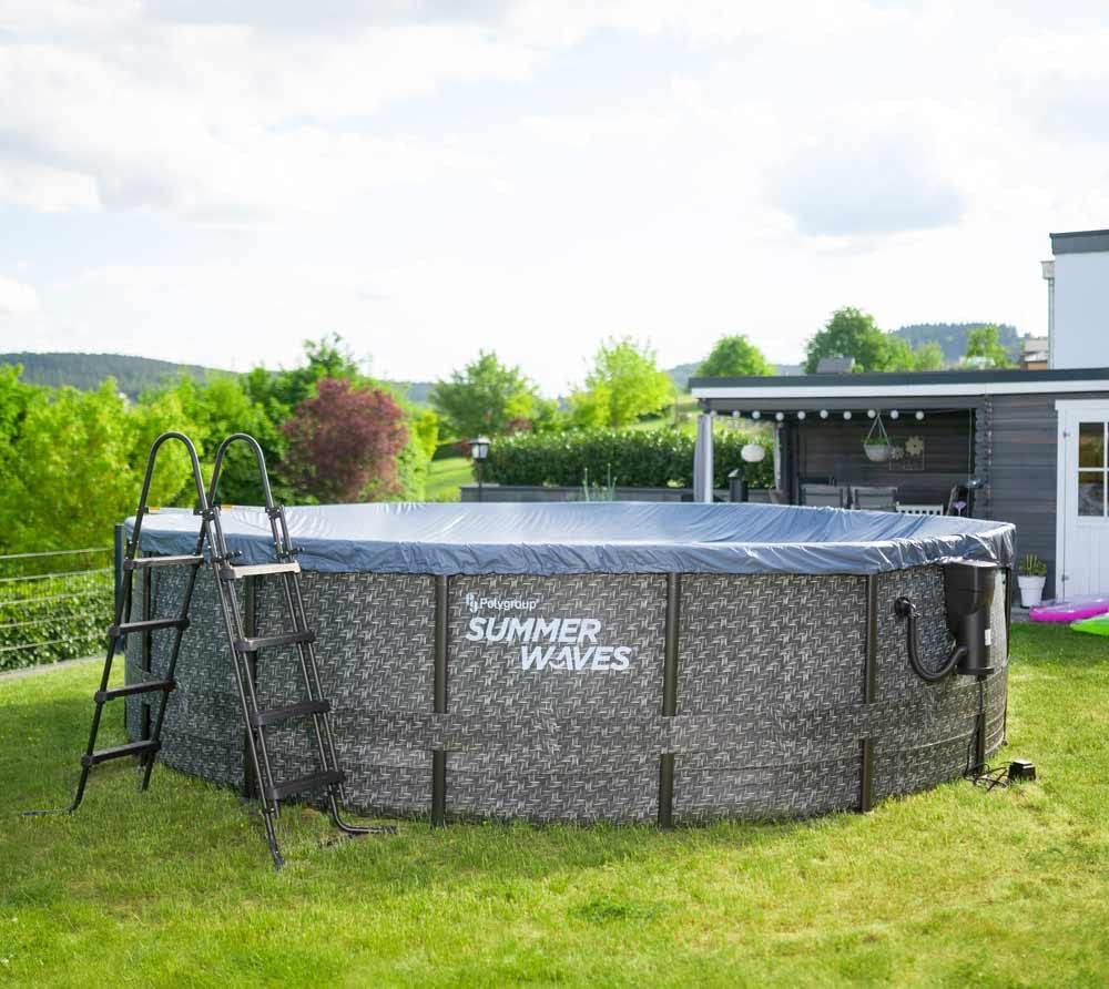 Summer Waves Frame Pool Complete Set | Round 488 x 122 cm Rattan Look Grey