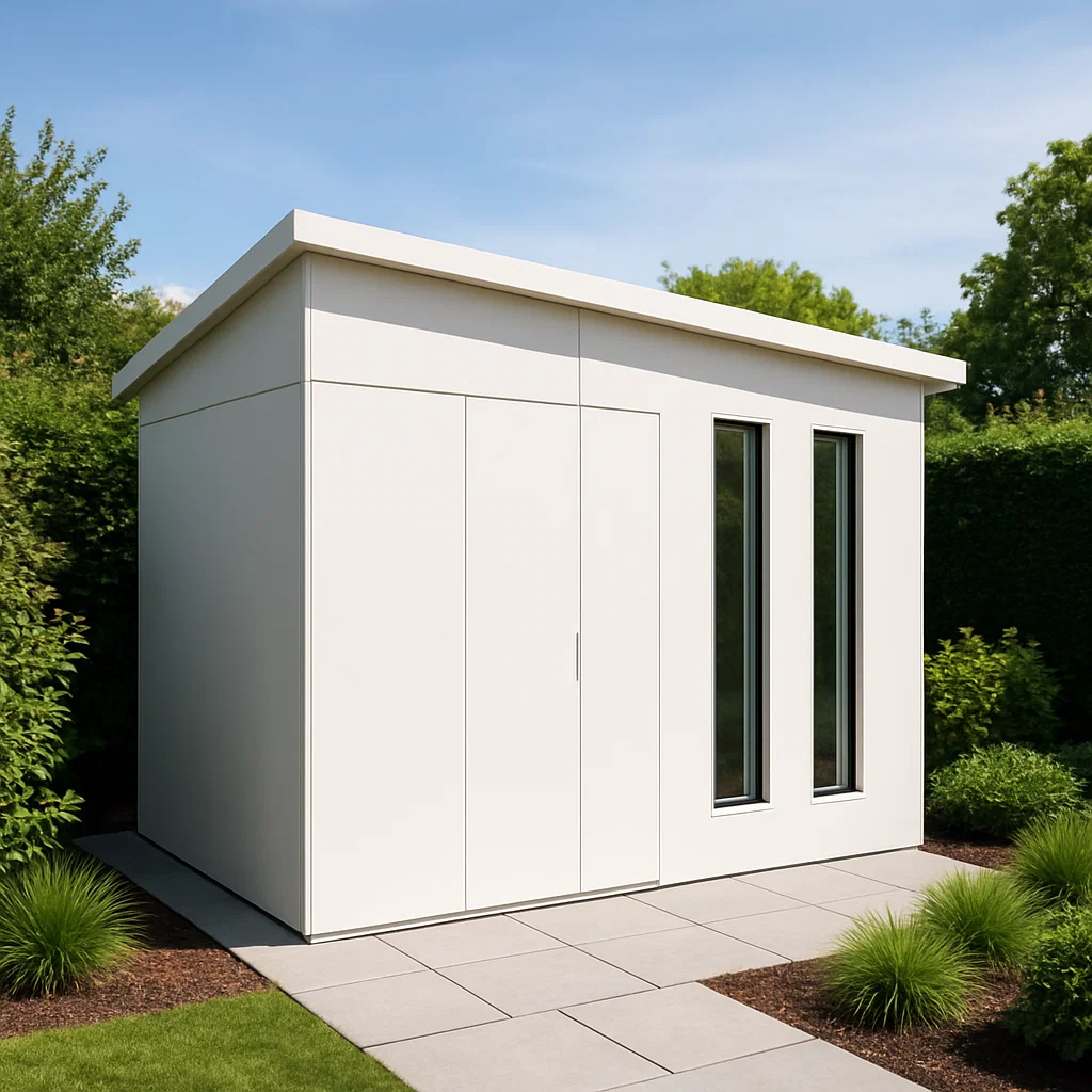 Caseta de jardín moderna blanca de resina para exteriores. 240×200×220 cm