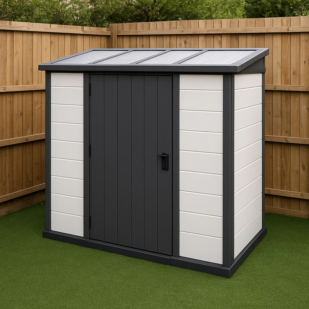 Caseta de jardín. caseta de almacenamiento color blanco y negro de resina para exterior. 145x90x180 cm