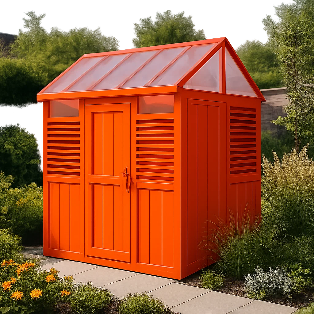 Caseta de jardín. caseta de almacenamiento color naranja de metal y policarbonato para exterior. 180x120x215 cm