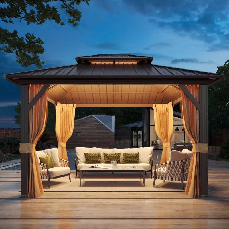 Outdoor Patio Gazebo. Hardtop Gazebo with Galvanized Steel Roof and Aluminum Frame