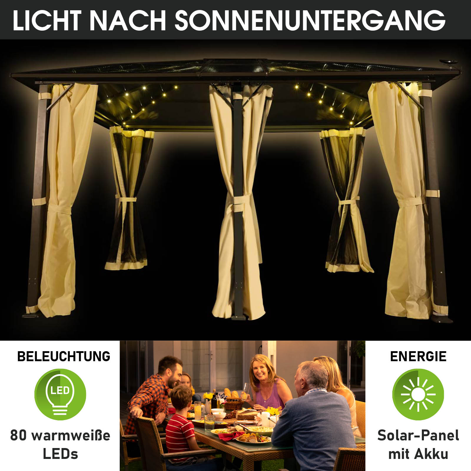 BRAST Alu-Pavillon PREMIUM 3.6x4.8m beige inkl. LEDs