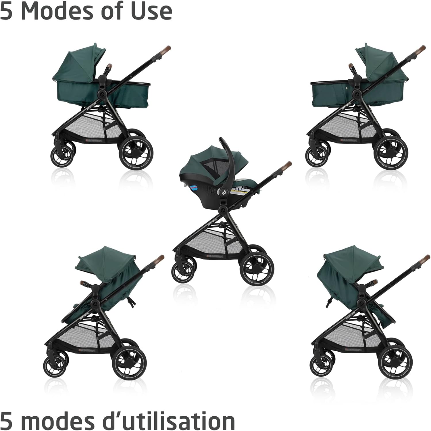 Maxi-Cosi New Generation Zelia Luxe 5-in-1 Modular Travel System, Carriage Mode, Reversible Toddler Seat, Mico Infant Car Seat (included), Enhanced All-Terrain Wheels, Use from Birth – Essential Green