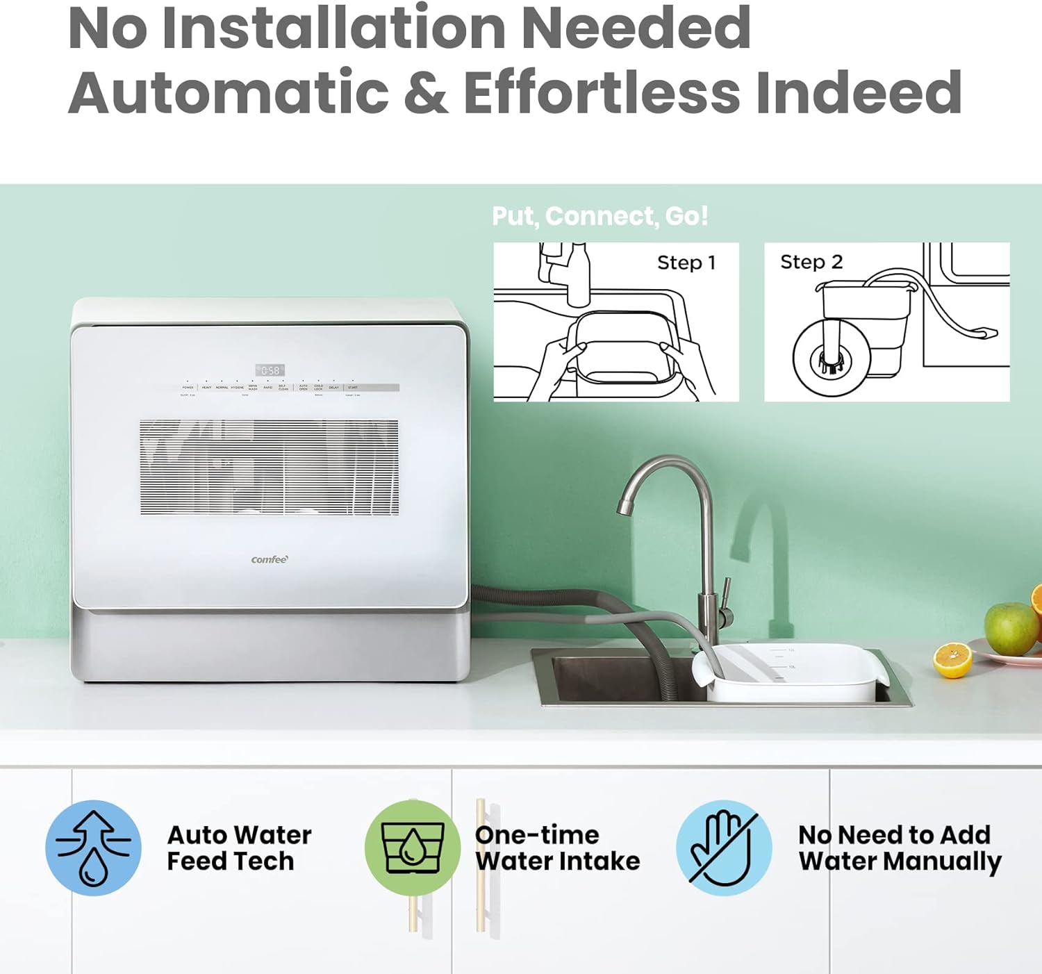 COMFEE' Portable Dishwasher, Countertop Dishwasher with 3 Place Settings, Mini Dishwasher with More Space Inside, 6 Programs, Auto-Open Drying, Touch Control, White