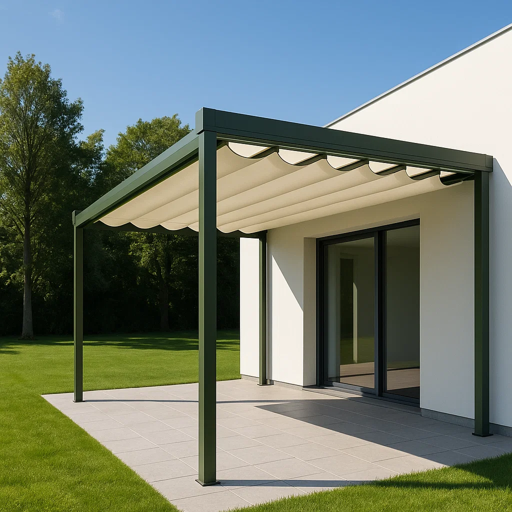 Pérgola con toldo retráctil - Color verde - de aluminio - para exterior. dimensiones aproximadas: 400 cm x 250 cm