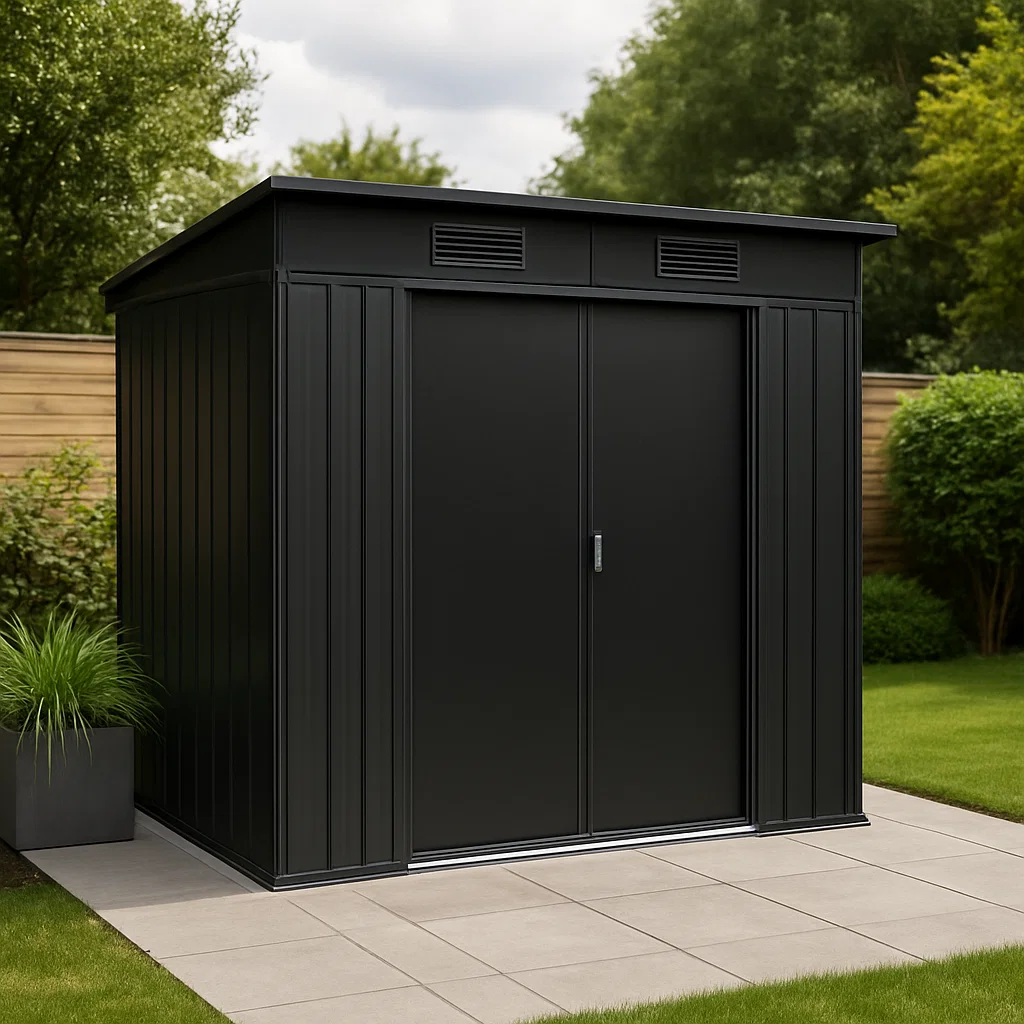 Caseta de jardín. Caseta metálica negra de acero galvanizado para exteriores. 180x120x200 cm