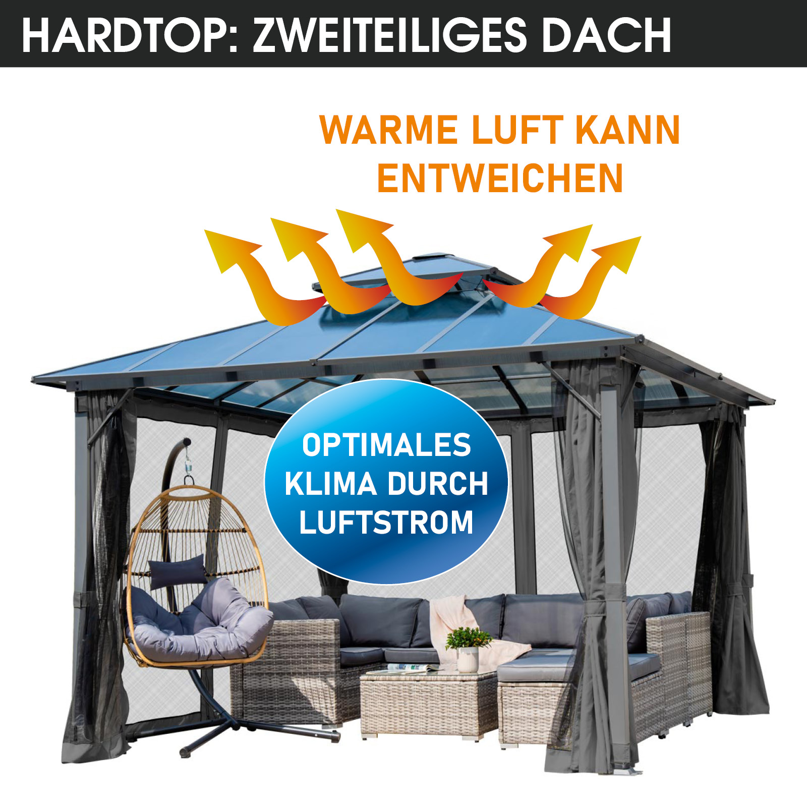 BRAST Alu Pavillon PAGODE 3.5x3.5m dunkelgrau mit Moskitonetz
