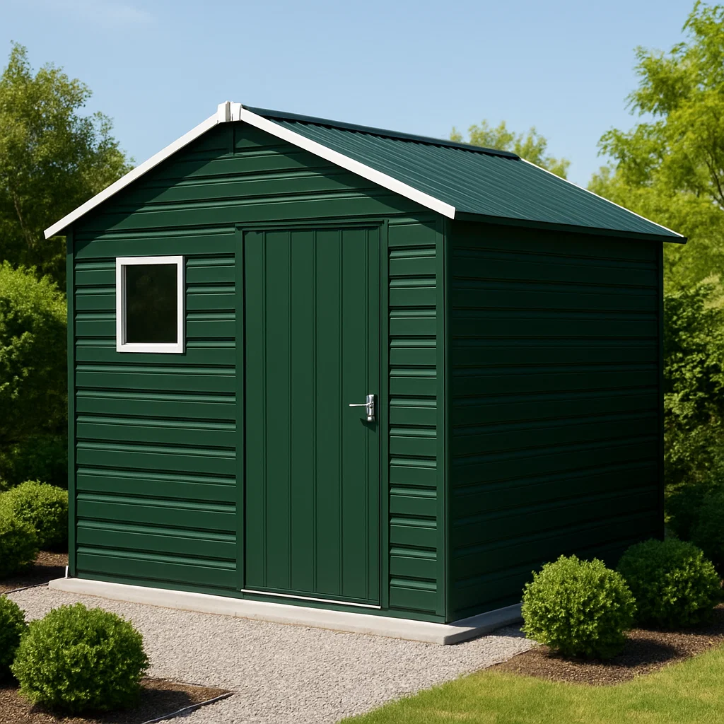 Caseta de jardín. verde con bordes blancos de metal para jardín exterior. 213x127x195 cm