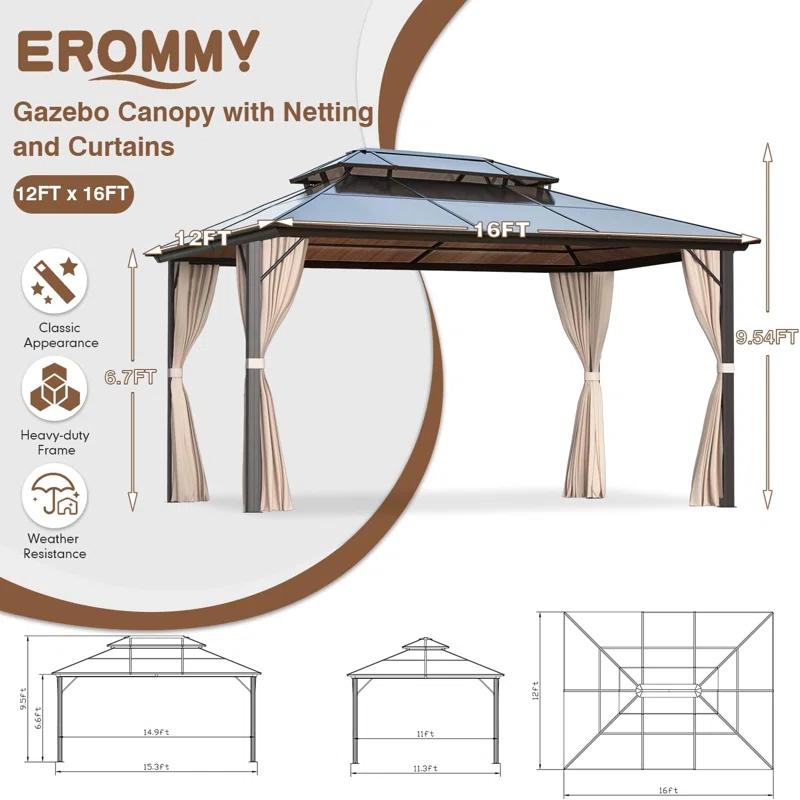 16 Ft. W x 12 Ft. DAluminum Patio Hardtop Gazebo