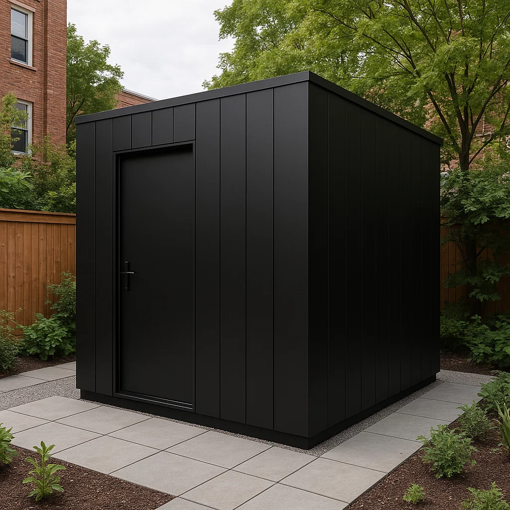 Caseta de jardín metálico negro acero para exteriores. 210x180x225 cm