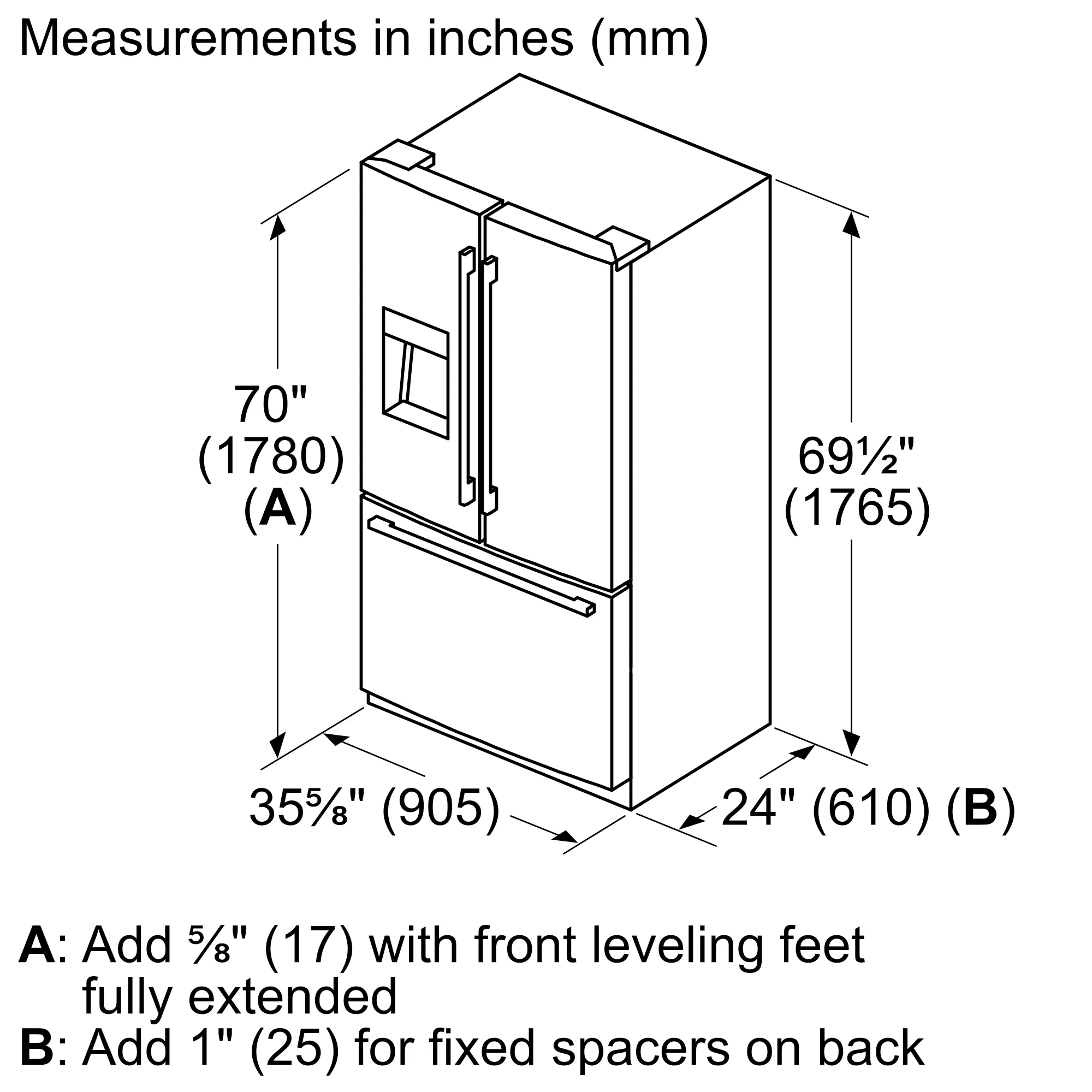 Bosch B36CD50SNS 500 Series French Door Bottom Mount Refrigerator 36'' Stainless steel (with anti-fingerprint). Total No Frost