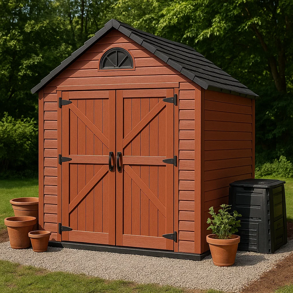 Caseta de jardín con tejado a dos aguas rojo madera sintética para exteriores 180x120x215 cm