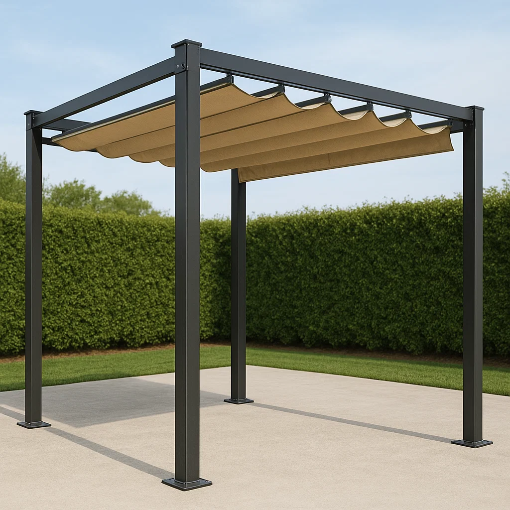 Pérgola con toldo enrollable - Color negro y beige. aluminio y tela - para exterior. dimensiones aproximadas: 300x250 cm