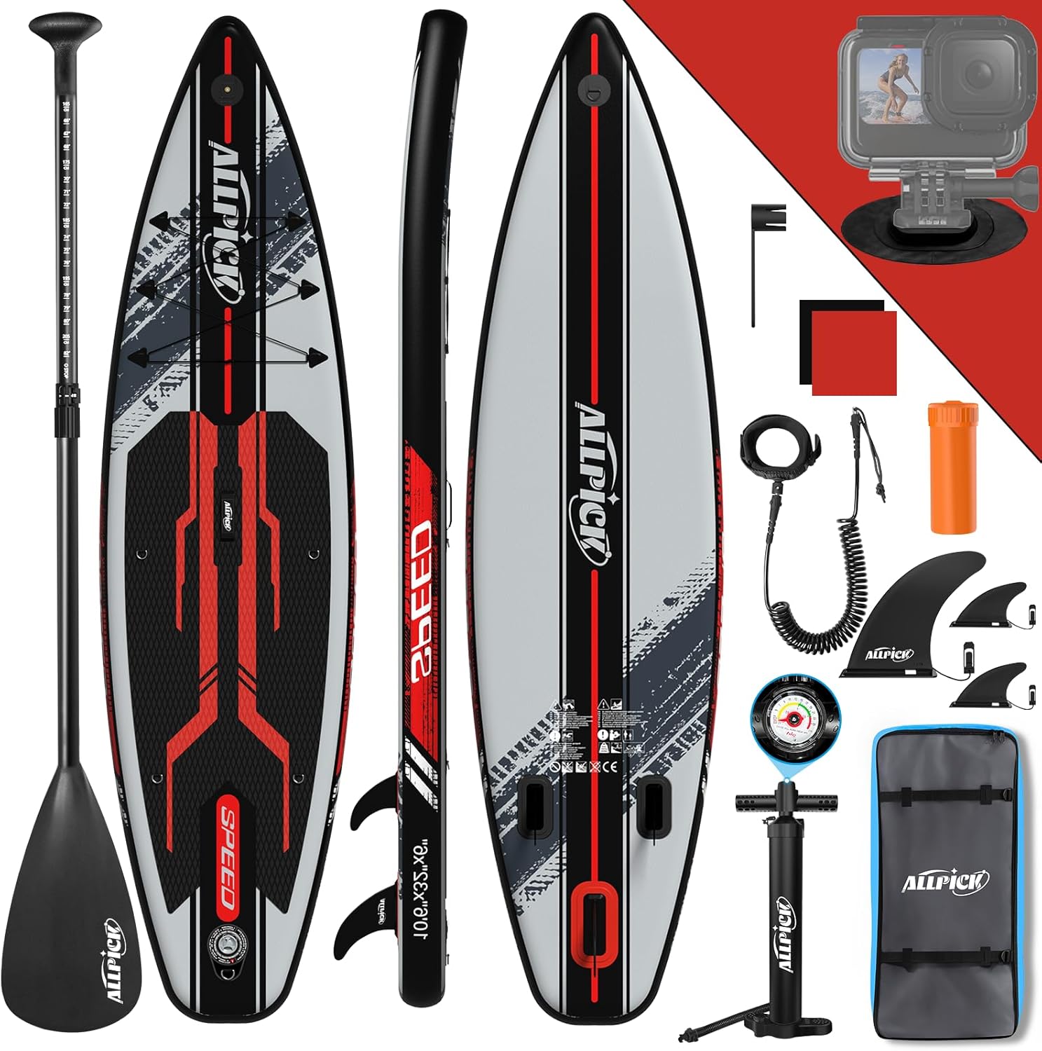 ALLPICK Premium SUP Board Set, Stand Up Paddling Board Aufblasbar, Mit Universal Kamerahalterung, Komplettes Zubehör, Verstellbares Paddel, Anfänger, Fortgeschrittene, 180kg