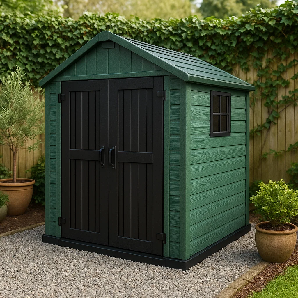 Caseta de jardín plástico verde y negro resina para exteriores. 140x125x200 cm