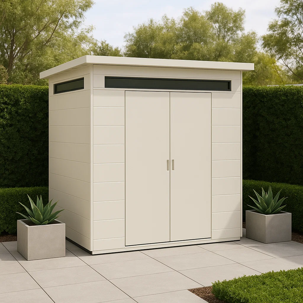 Caseta de jardín con puertas abatibles color crema de resina para exteriores 210x110x190 cm