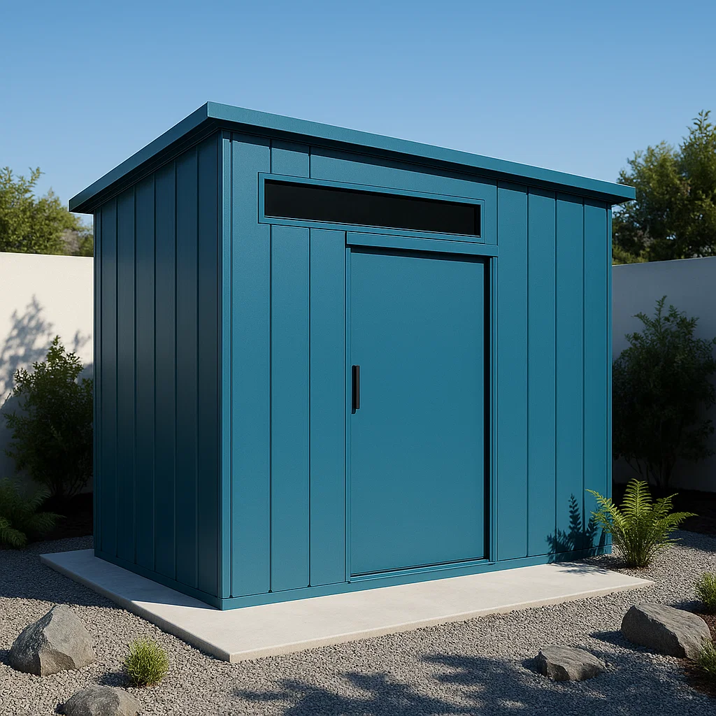 Caseta metálico de jardín. color azul verdoso de material de acero para exterior. 210x125x190 cm