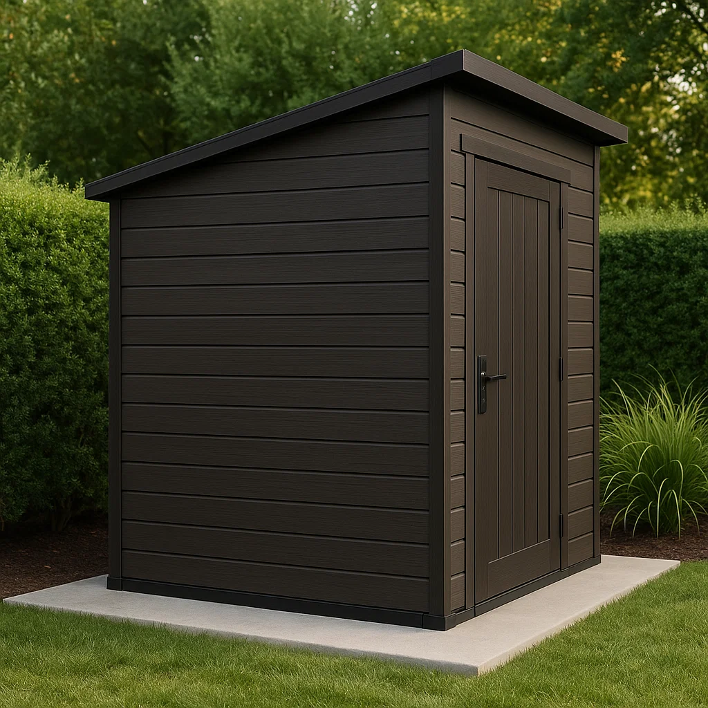 Caseta de jardín. caseta de almacenamiento color marrón oscuro de resina para exterior. 160x110x205 cm