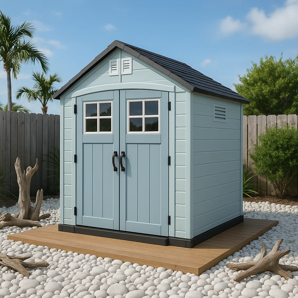 Caseta de jardín. caseta de almacenamiento color azul claro y negro de resina para exterior. 185x120x215 cm