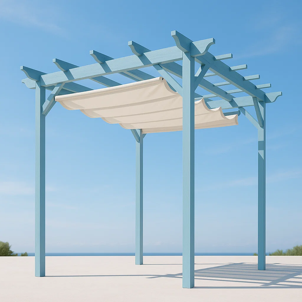 Pérgola de jardín con estructura de madera color azul claro y toldo blanco. 300x300x250 cm