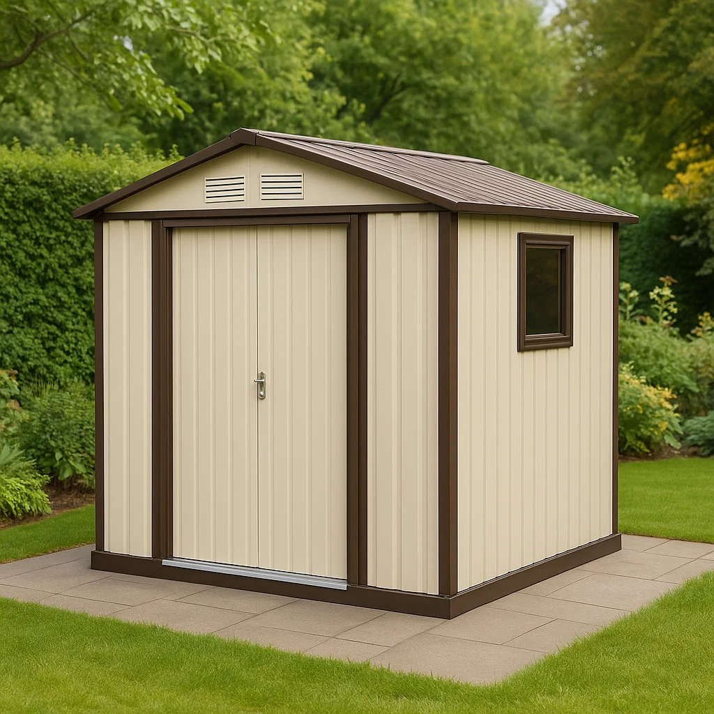 Caseta de jardín. caseta de almacenamiento beige/marrón de acero galvanizado para uso exterior. 213x117x195 cm