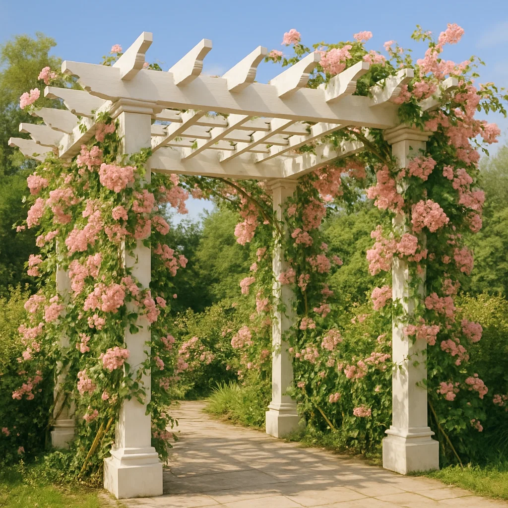 Pérgola de madera para jardín con flores y estructura blanca - para exterior - 300 cm largo x 250 cm alto x 300 cm profundo