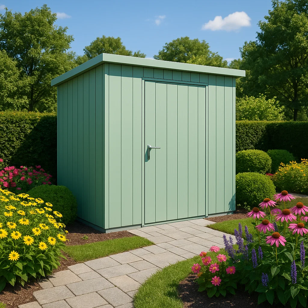 Caseta de jardín metálico verde acero para exteriores. 210x190x215 cm