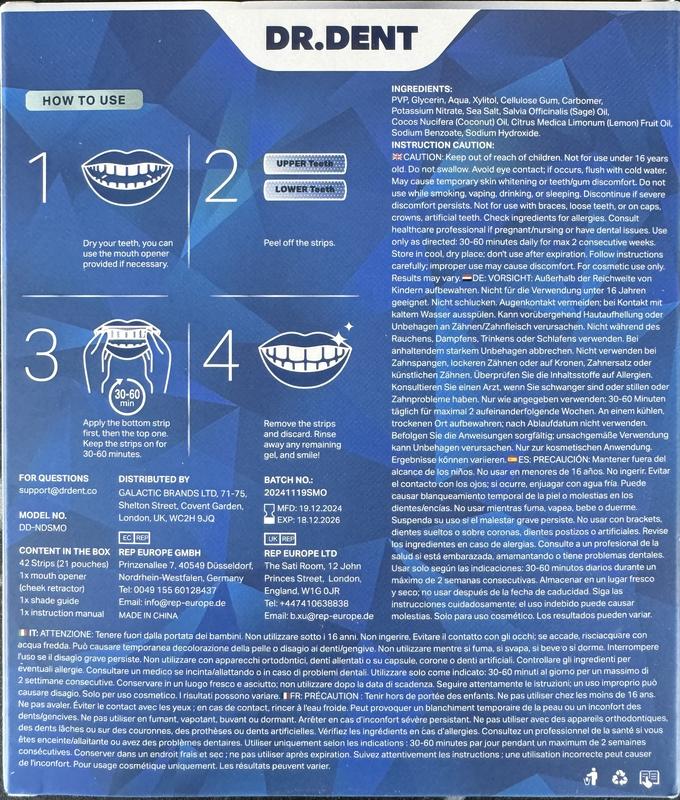 DRDENT Professional Zahnaufhellungsstreifen 21 Anwendungen - Zahnschmelz-sicher - Ohne Schmerzempfindlichkeit - Professionelle Zahnbleaching Strips - 42 Streifen + Mundöffner Inklusive