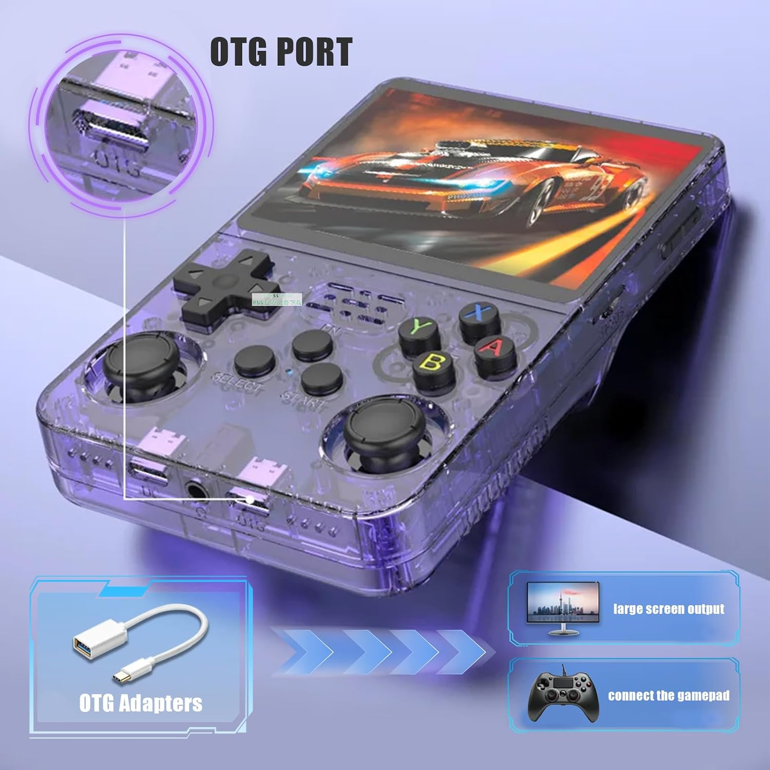 KINMRIS R36S Retro Handheld Spielkonsole, Retro Konsole 3,5-Zoll-IPS-Bildschirm, 128 G über 40.000 Spiele, tragbare Spielkonsole für Kinder und Erwachsene, unterstützt mehrere Emulatoren (Lila)