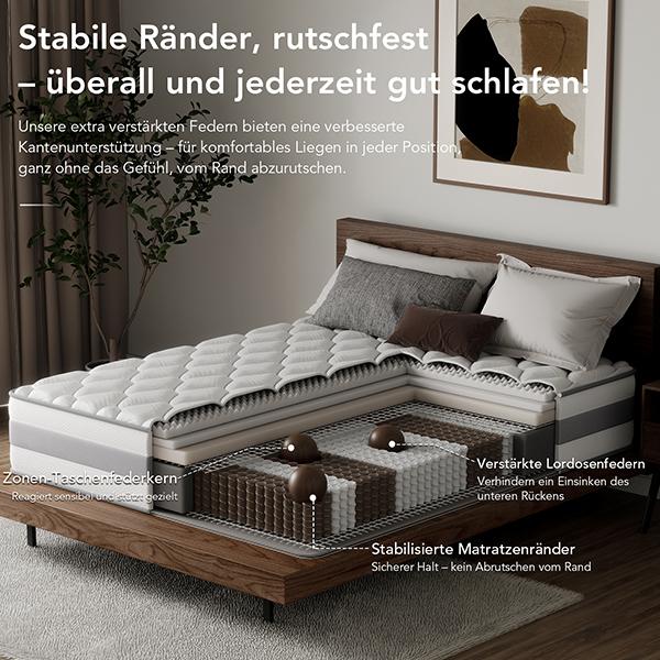 HOMAVO Taschenfederkernmatratze, 10 Schichten Premium-Materialien, 7 Zonen, 25 cm, integrierte Top-Schicht