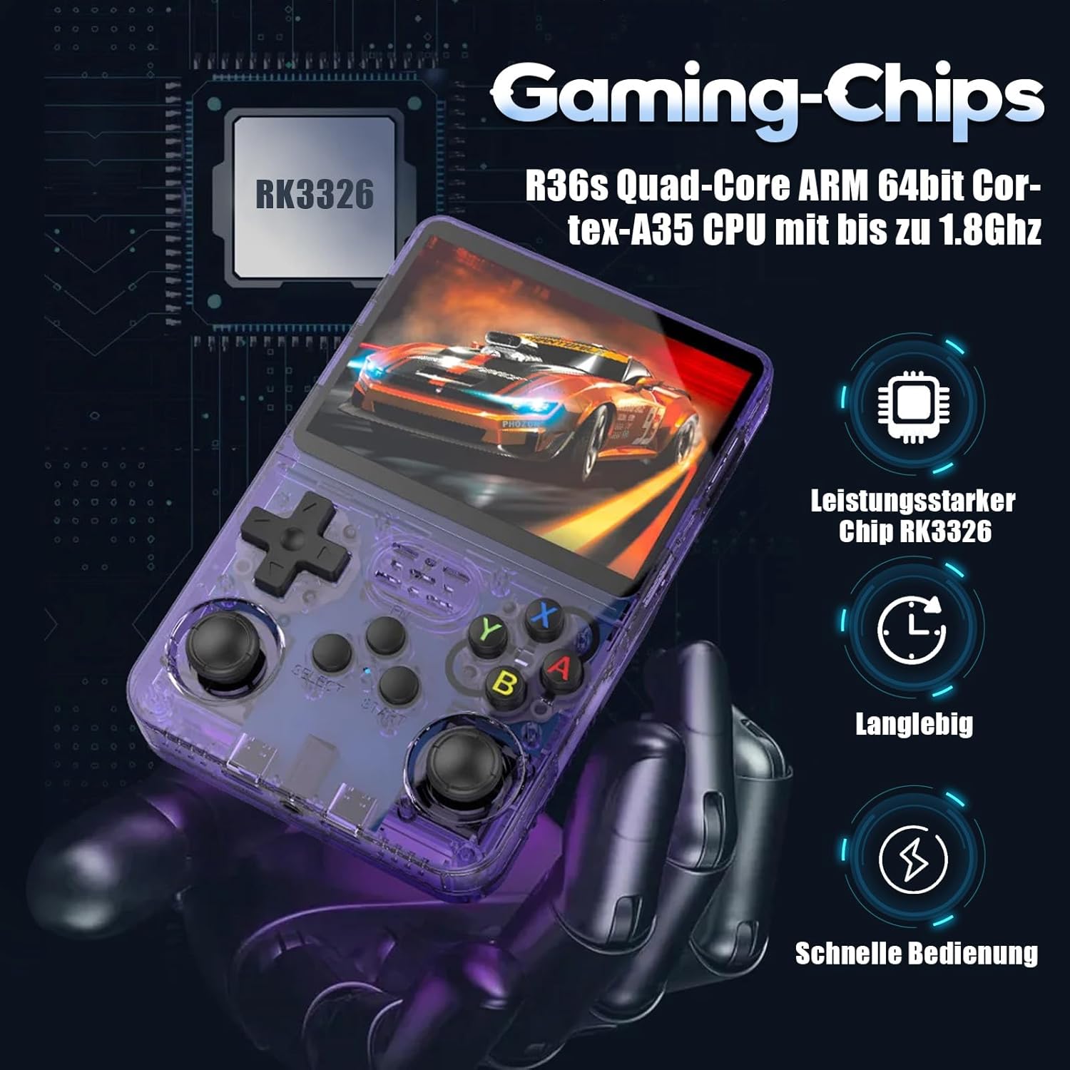 KINMRIS R36S Retro Handheld Spielkonsole, Retro Konsole 3,5-Zoll-IPS-Bildschirm, 128 G über 40.000 Spiele, tragbare Spielkonsole für Kinder und Erwachsene, unterstützt mehrere Emulatoren (Lila)