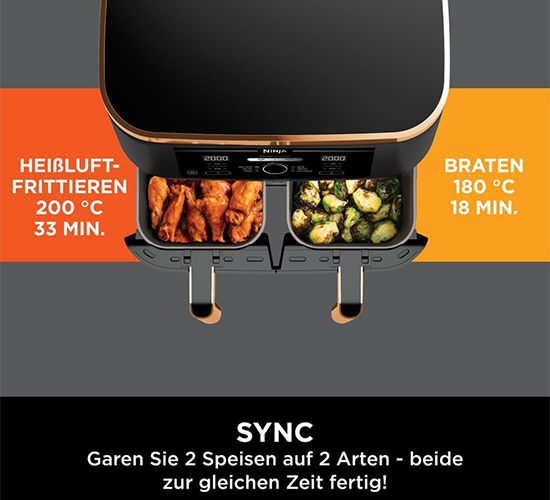 Dual Zone Heißluftfritteuse, ‎2470 Watt , 9,5 L, 2 Heißluft-Frittierfächer, 6 Funktionen, 27 x 41.5 x 32.5 cm, Kupfer/Schwarz