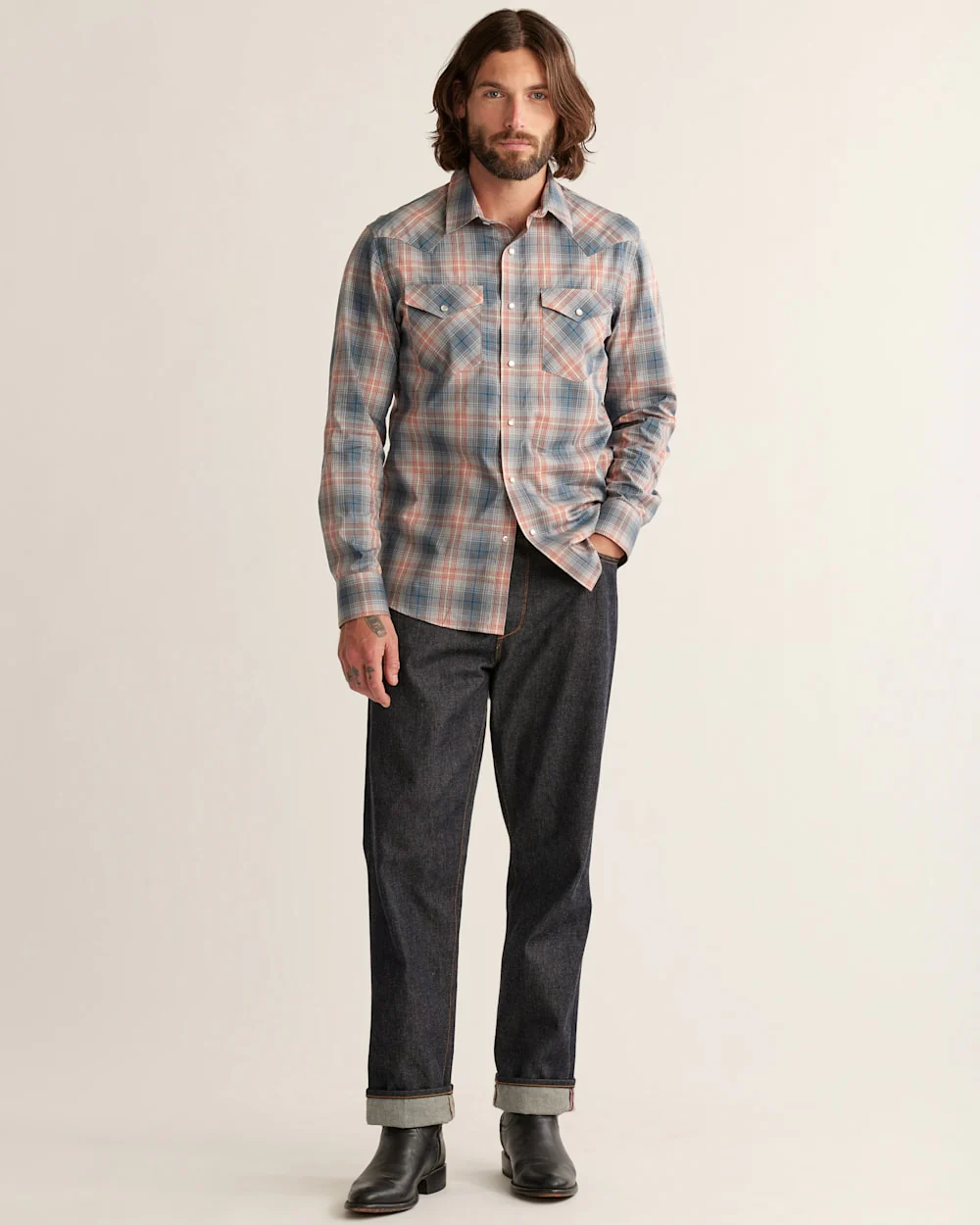 MEN'S PLAID LONG-SLEEVE BISHOP COTTON SHIRT