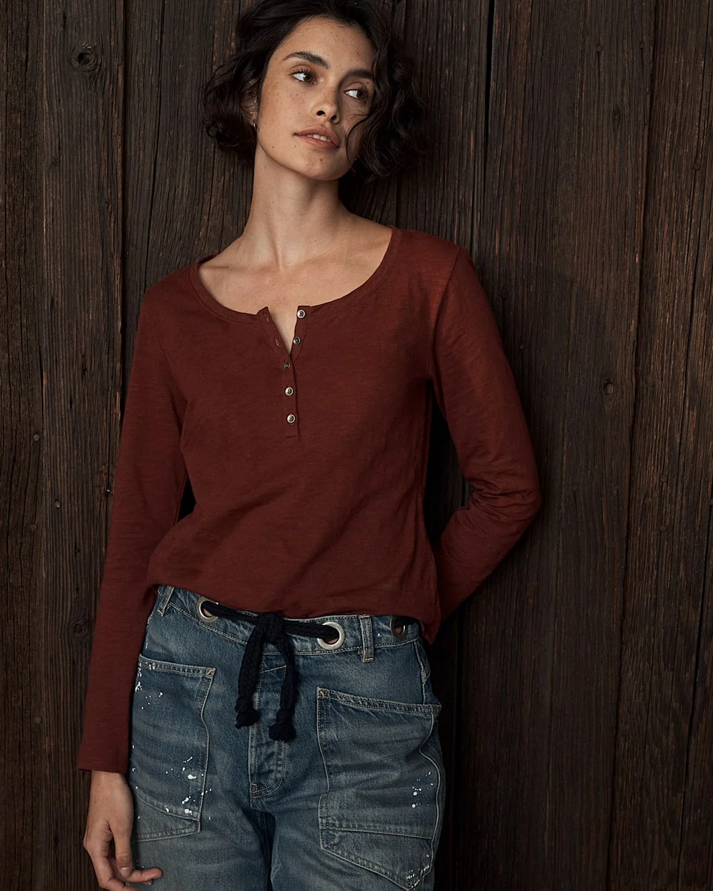 WOMEN'S LONG-SLEEVE COTTON SLUB HENLEY TEE