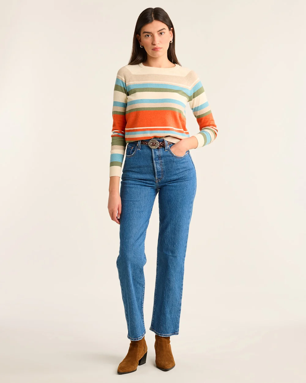 WOMEN'S COTTON/CASHMERE STRIPED SWEATER