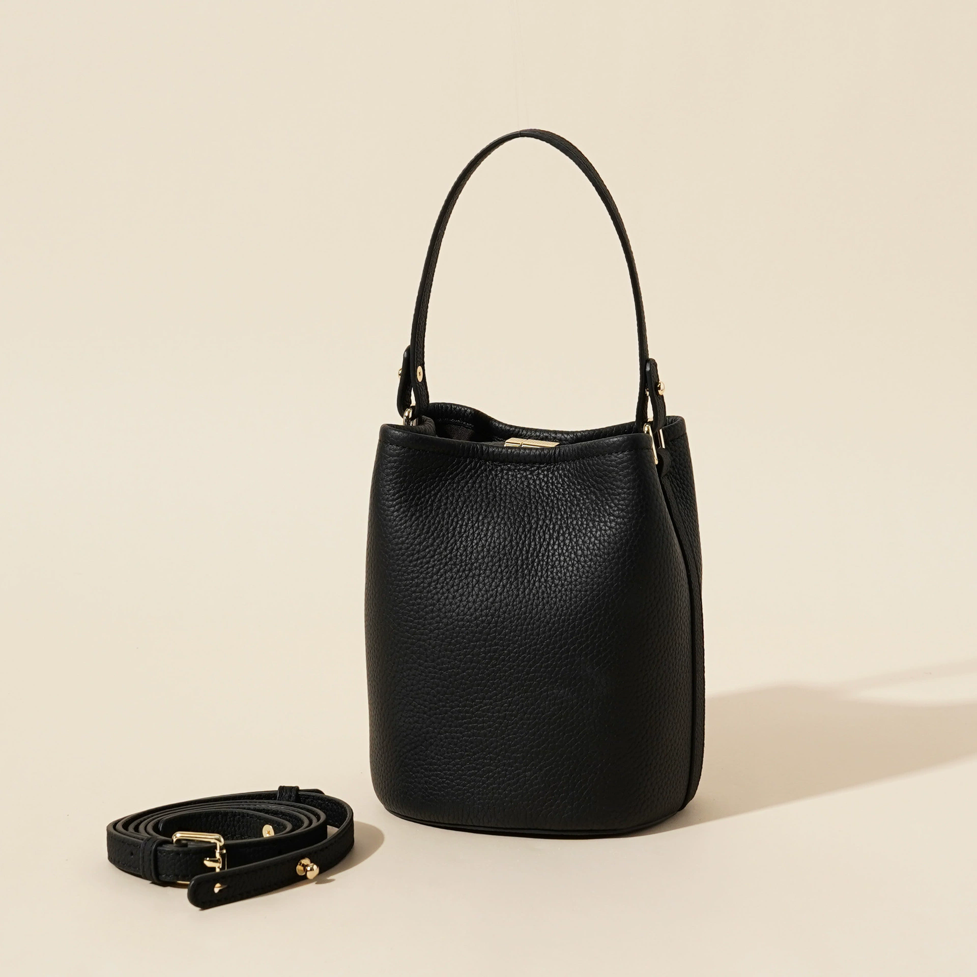 Black Cowhide bucket bag spring and summer genuine leather women's bag high-end shoulder crossbody handbag