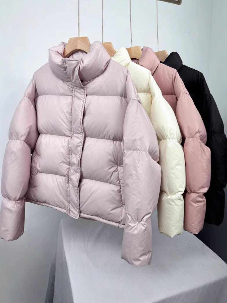 Pink Women's short down jacket with stand-up collar and thick puffer jacket