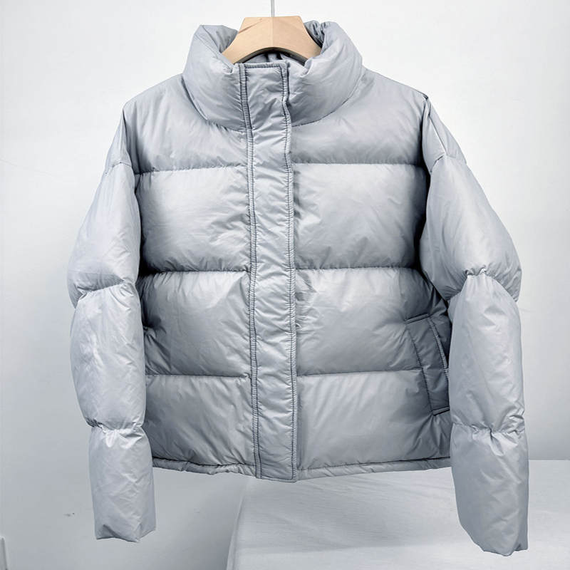 Grey Women's short down jacket with stand-up collar and thick puffer jacket