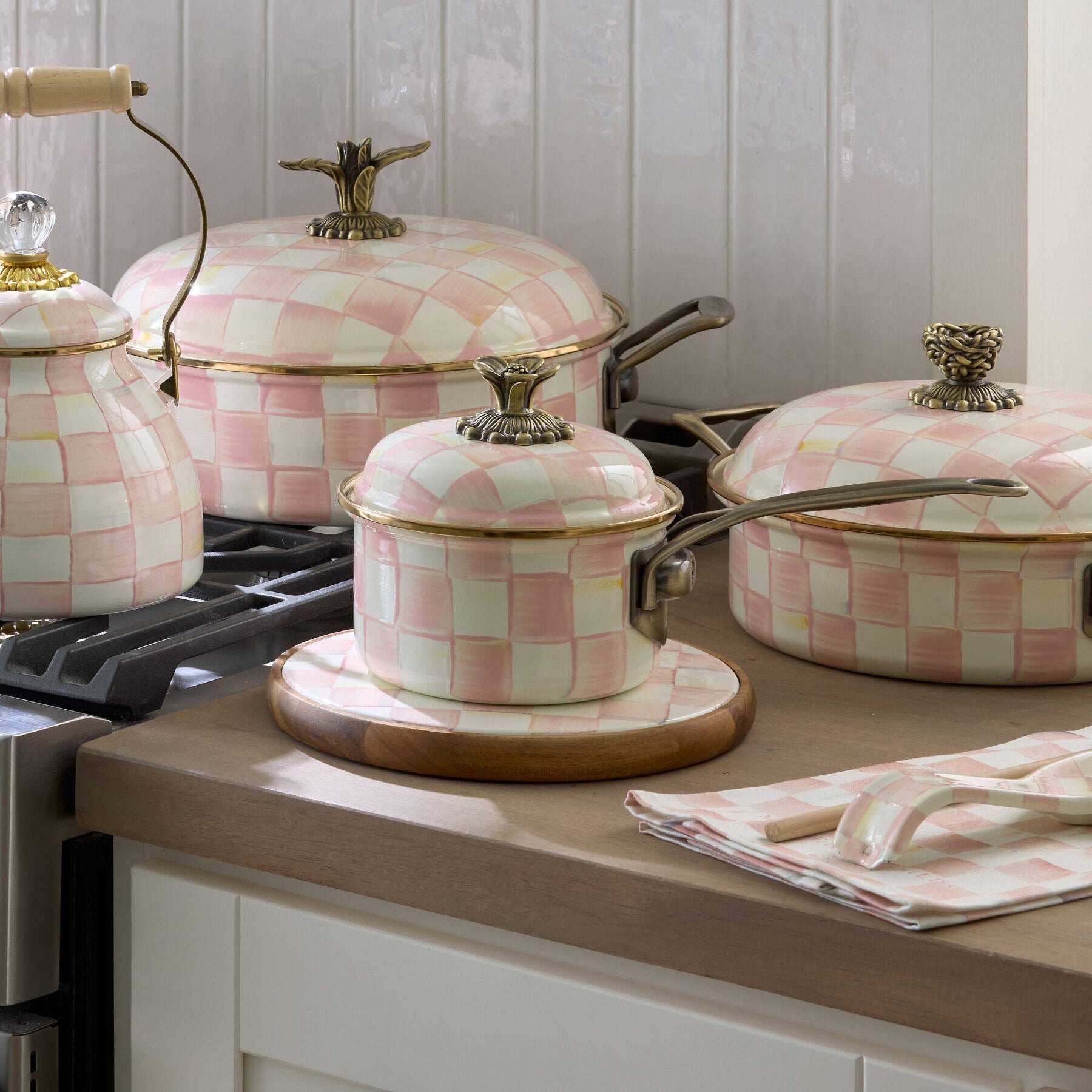 Mackenzie-Childs Rosy Check Enamel 1 Qt. Saucepan
